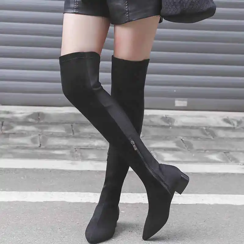 New winter high heel shoes women riding boots mixed colors stretch flock boots keep warm women thigh high boots botas mujer - Цвет: Черный