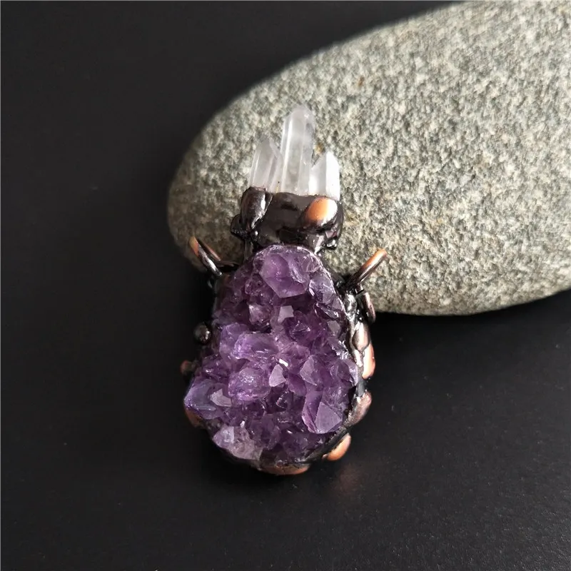 FUWO Hot Sale Amethysts Pendant With Antique Copper Plated Brass Accessories Raw Quartz Point Meditation Retro Jewelry PD370 image_0