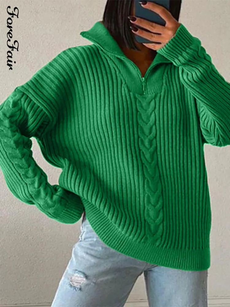 

Forefair Autumn Winter Turtleneck Knitted Vintage Sweater Women 2021 Long Sleeve Zipper Loose Green Khaki Y2k Casual Pullovers