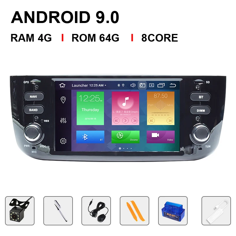 Ips DSP 4G 64GB Авторадио 1 Din Android 9,0 автомобильный DVD мультимедийный плеер для Fiat/Linea/Punto evo 2012- gps навигационная камера - Цвет: 64ROM Carplay OBDCam