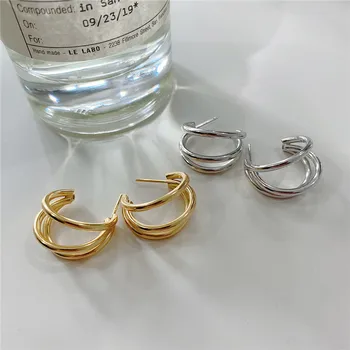 

POFUNUO 925 Sterling Silver French Style Women Geometric Stud Earrings Female Original Creative Design Multi-Layered Earrings