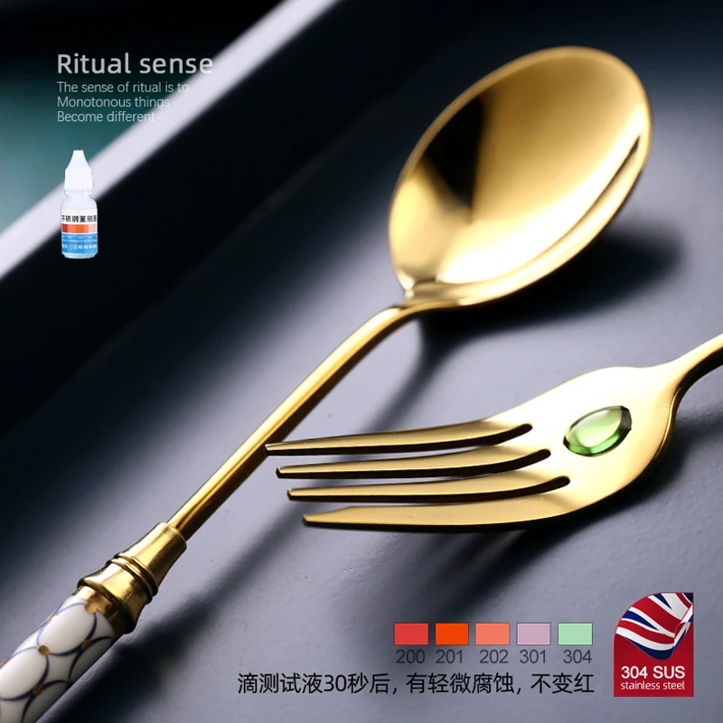 Description Picture 4 of item3Pcs/set Retro-style Ceramic Handle Dinnerware Sets 304 Stainless Steel Luxury Knife Fork Spoon Gold Flatware Cutlery Set