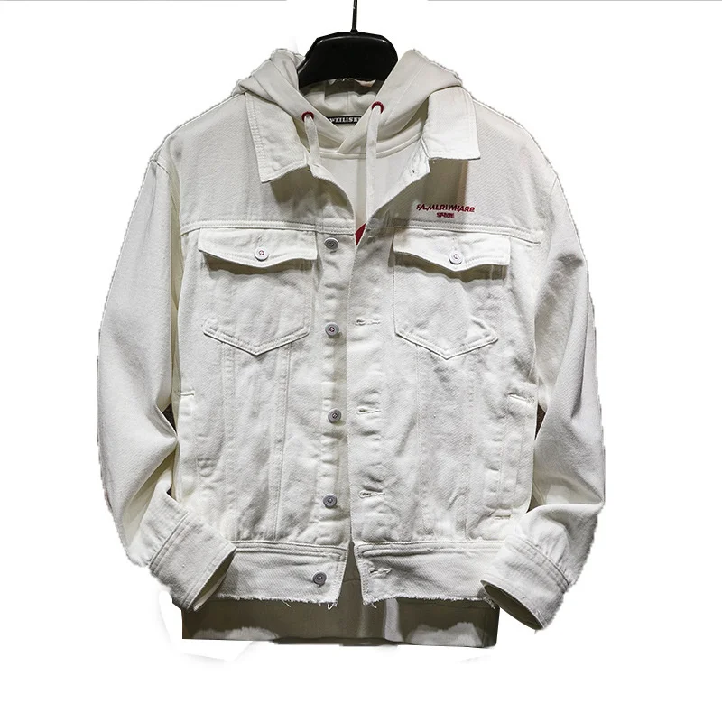 

Куртка мужская джинсовая однотонная, универсальная Повседневная, с карманами, с надписью, в стиле хип-хоп, однотонная белая