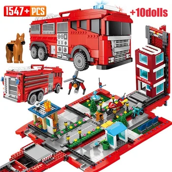 

1547+pcs City Street View Creative Urban Red Miniature Technic Fire Truck Deform Blocks Bricks Diy Kids Christmas Gift Toys