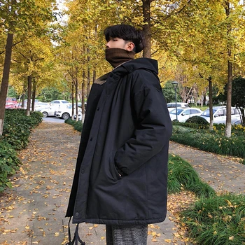 

2019 New Large Size Japanese Cotton Simple Korean Style Men's Version Double Hat Solid Color Casual Thick Loose Coat
