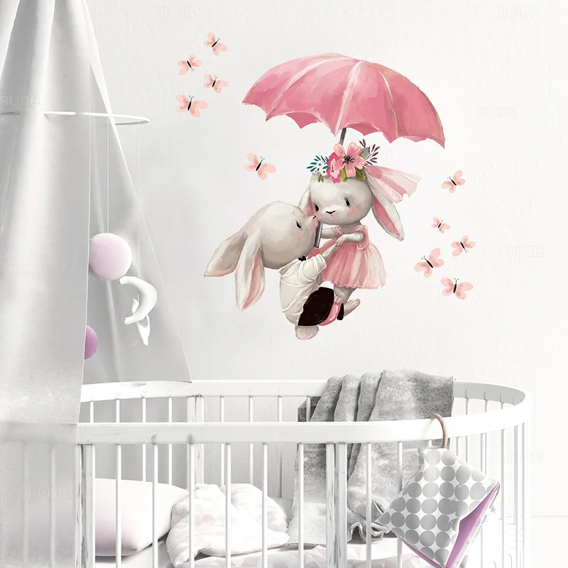 Umbrella Decoration Wall-Stickers Watercolor Nursery-Room Bunny Girl For Kids Pink