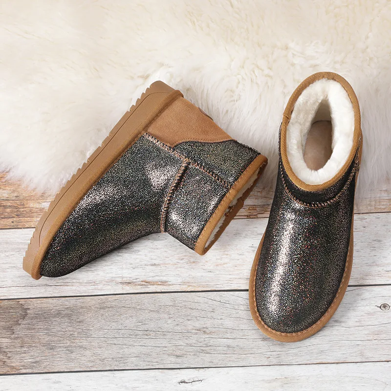 Женские зимние ботинки; осенние ботильоны из натуральной кожи в австралийском стиле; теплые ботинки на резиновой подошве; обувь без шнуровки на плоской подошве; Botas Mujer - Цвет: Tan-black