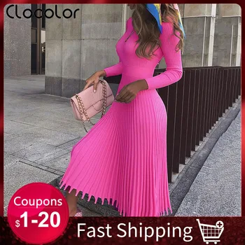 

2020 Pleated Sweater Dress Women Spring Fashion Designer Elegant Midi Knitted Dresses Winter XXL Pink Blue A Line Party Vestidos