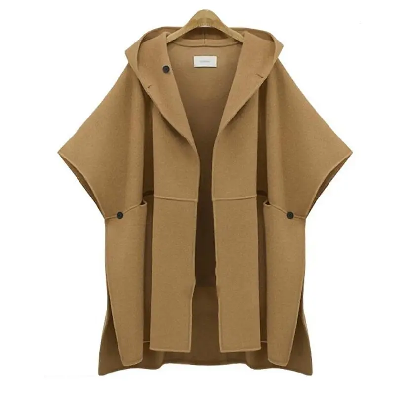 Khaki Зимние женские шерстяные плотные пальто размера плюс 5XL, женский теплый плащ с капюшоном, рукав "летучая мышь", модная куртка C47 - Цвет: Khaki