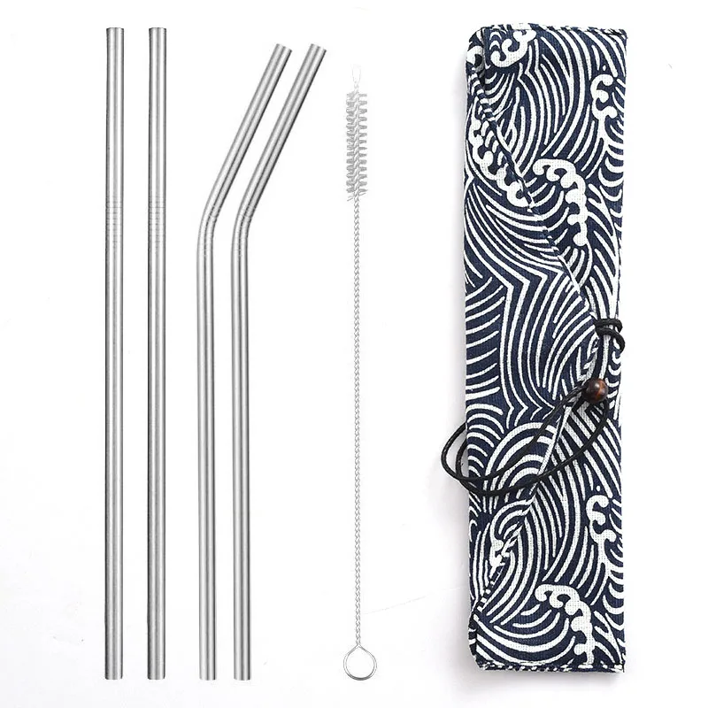 

4pcs freeshiping Reusable Metal Drinking Straws 304 Stainless Steel Sturdy Bent Straight Straw with Cleaning Brush and Bag