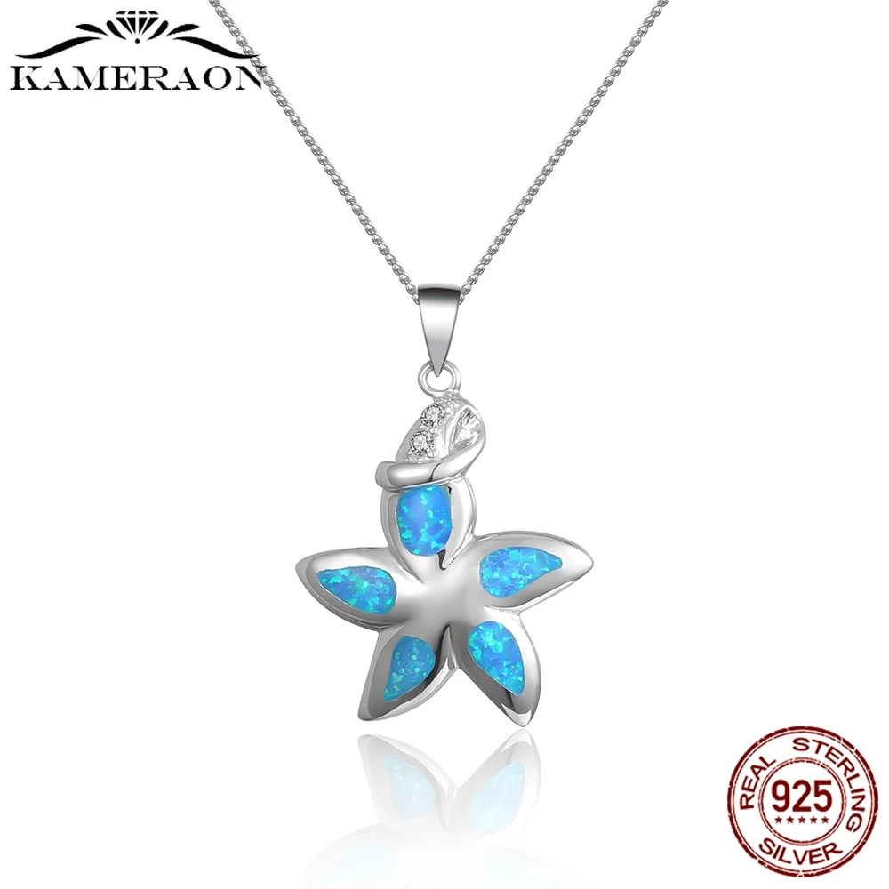 

KAMERAON Real 925 Sterling Silver Opal Zircon Spring Flower Pendant Necklace for Women Fine Jewelry collar Gift N816