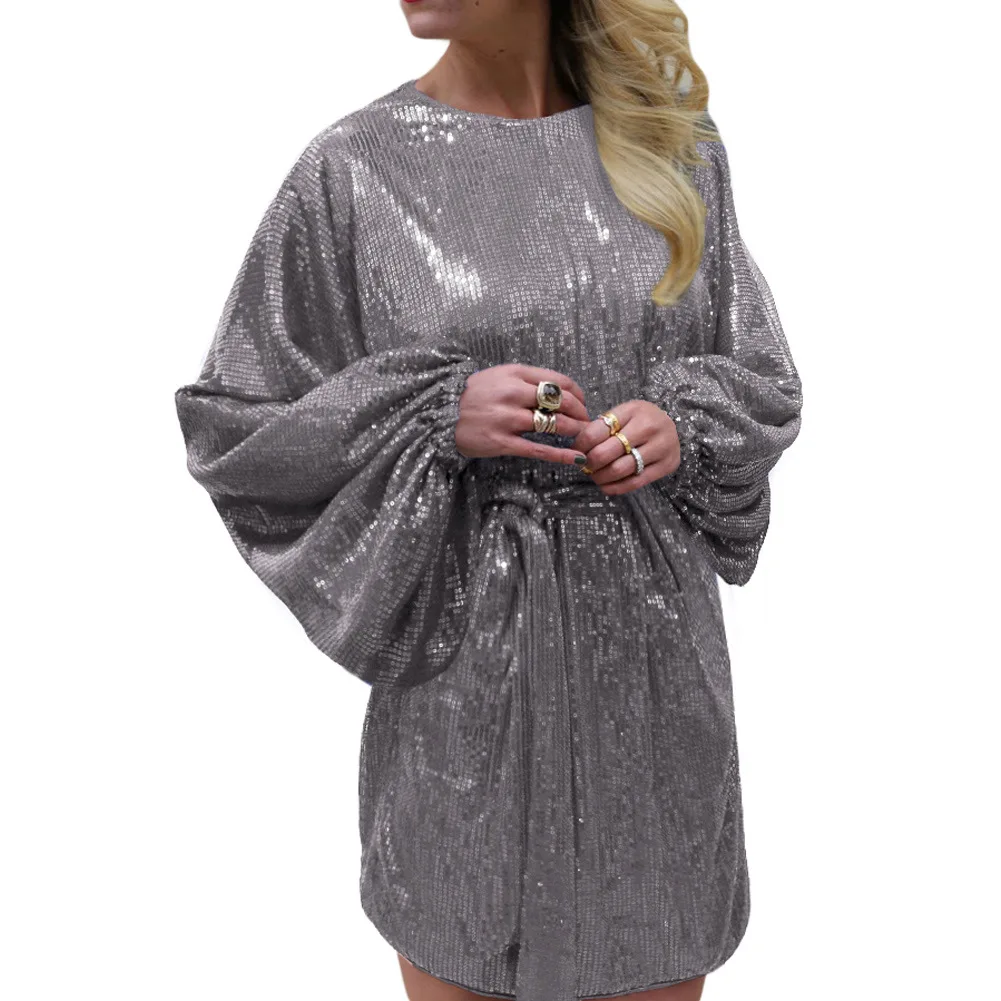 

Spring Clothing New Style Europe And America Crew Neck Long Sleeve Belt Lace-up Sequin Loose-Fit Mini Dress WOMEN'S Dress 220589