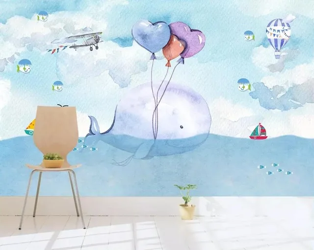 Custom Size Cartoon whale balloon children bedroom TV background Self