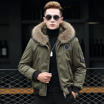 Günstig Winter Natural Rabbit Coat Clothes Real Raccoon Fur Collar Warm Parka Men Short Jacket T-89-2303 MY786