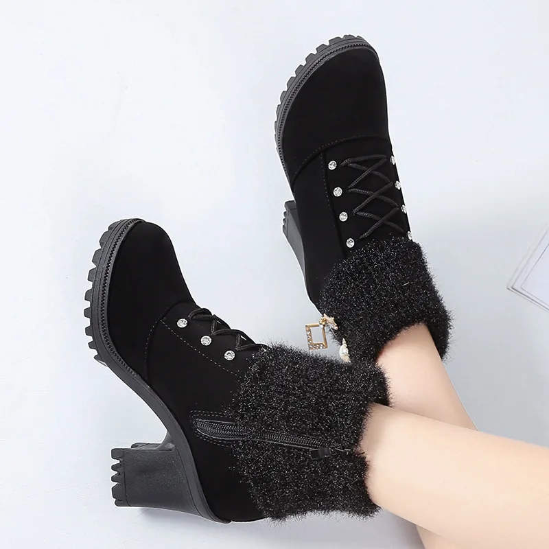

2019 Winter New Style WOMEN'S Boots Semi-high Heeled Slanted Heel Snow Boots Middle Boots Cotton-padded Shoes with Velvet Flat S