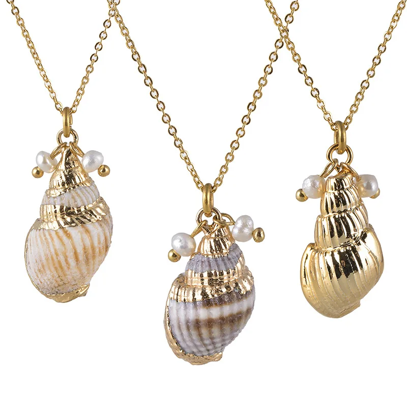 HuPo.HuTu. Neuer Modeschmuck für Damen, Weihnachtsgeschenk, Strand-Muschel-Anhänger, natürliche Muschel, 18 Karat vergoldet, Süßwasserperlen-Halsketten