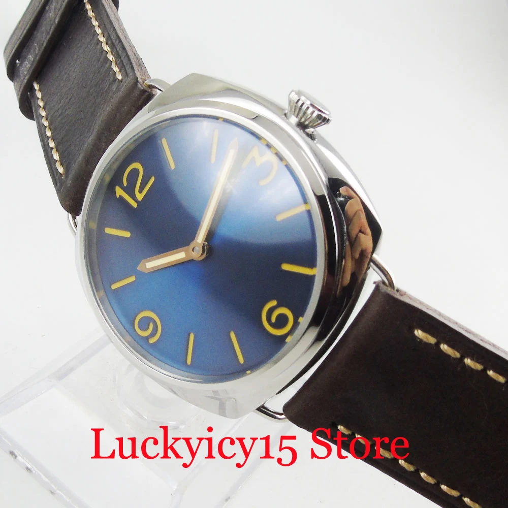 PARNIS 47 мм наручные часы с ручным подзаводом для мужчин квадратный Серебряный чехол синий стерильный циферблат 17 Jewels Механические Мужские t