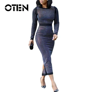 

OTEN Bodycon Slim Sexy Party Women Dress Diamonds Bright O-Neck Sheath Elegant Ladies Long Sleeves 2019 Autumn Femme Robe Black