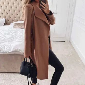 

With Waist Belt Women Coat Office Fashion Autumn Winter Daily Mid-length Casual Keep Warm Long Sleeve Thickened Solid Lapel Neck