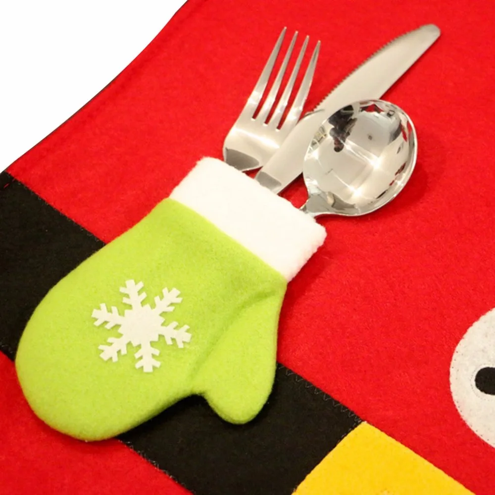 Рождественские настольные коврики с снежными перчатками, зеленый мешок для ножей, вилок, ложек, столовых приборов, салфетки из ткани, настольные украшения