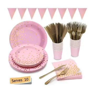 

Bronzing polka dot pink tableware set paper cup paper plate paper towel cutlery one-time party decoration 100 sets