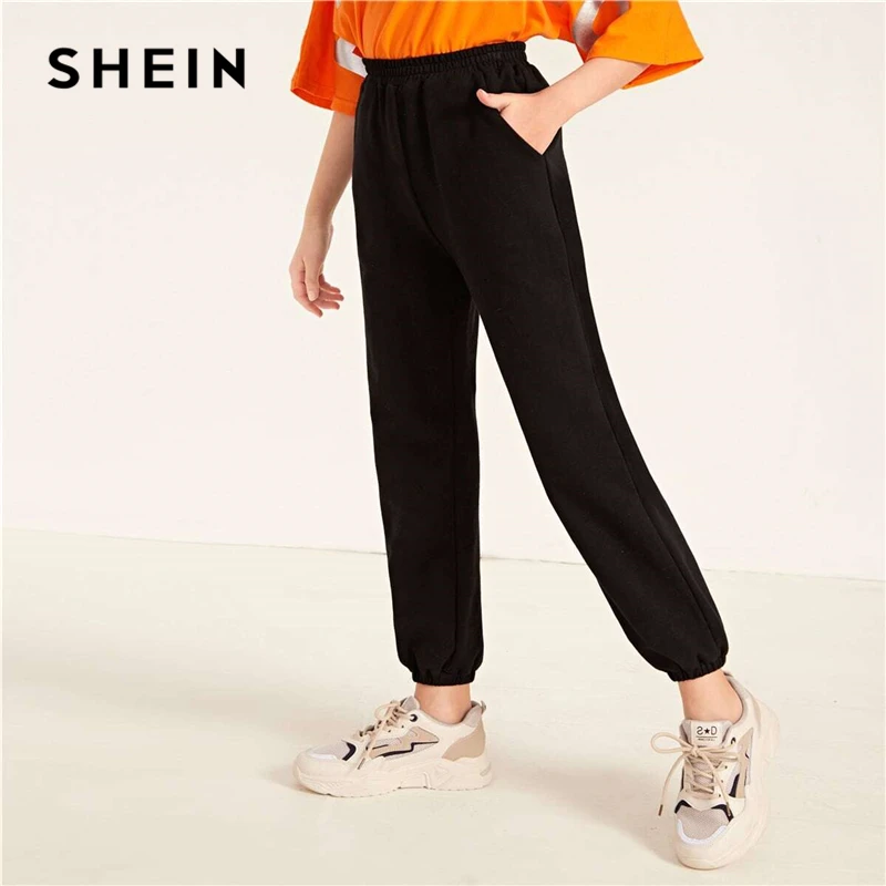 

SHEIN Kiddie Black Solid Pocket Side Girls Casual Sweatpant Kids Bottoms 2020 Spring Elastic Waist Children Basic Cropped Pants