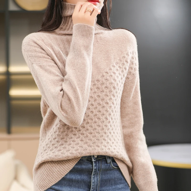 

New Fashion 100% Pure Wool Knitted Jumpers Female Thicker Cashmere Pullovers 2021 Autumn Winter Women Loose Sweaters With Plaid