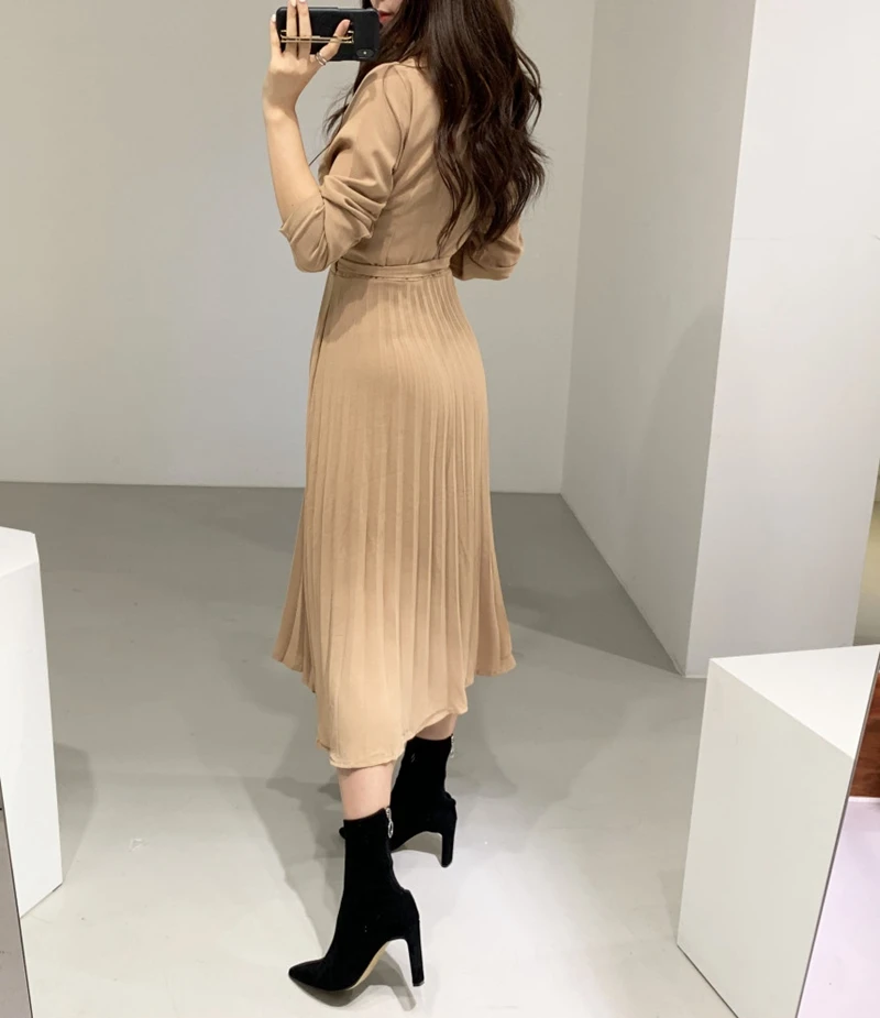RICININA, платье-рубашка, женское, осень, Бандажное, с разрезом, одноцветное, корейский шик, винтажное, плиссированное платье, женское, элегантное, халат, Longue Femme