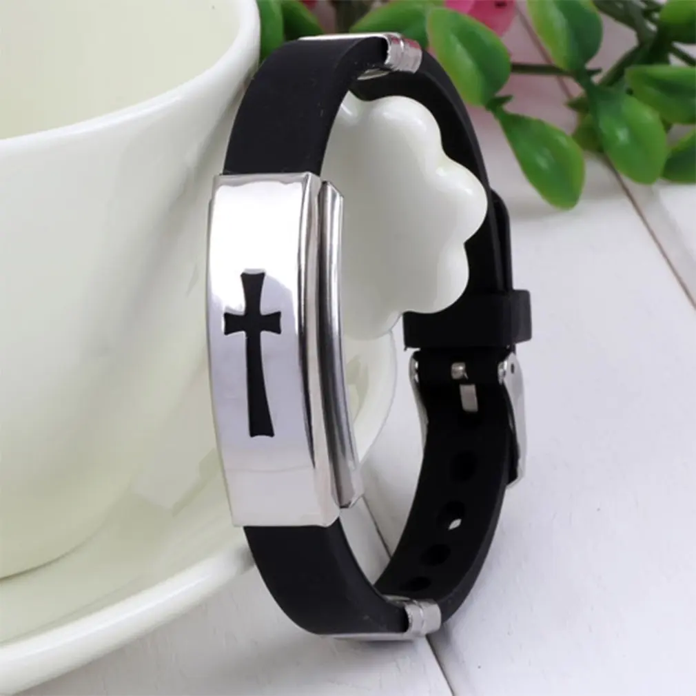 Черный силиконовый браслет, браслет с изображением Креста, подвески для мужчин, браслет серебристого цвета, ювелирные изделия, подарок на День святого Валентина для женщин и мальчиков