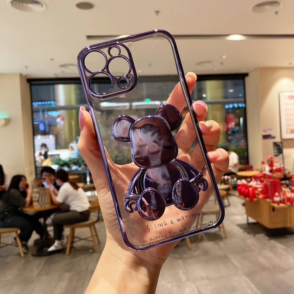 Cute Bear Plating Phone Case for iPhone 13 12 11 Pro Max X Xs Xr 8 7 Plus SE 2020 Transparent Silicone Lens Protection Cover