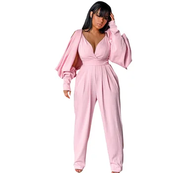 

Summer Autumn Women Jumpsuit Bodycon Bodysuit Overalls Rompers Plus Size Solid V Neck Long Sleeve Loose Jumpsuits Causal