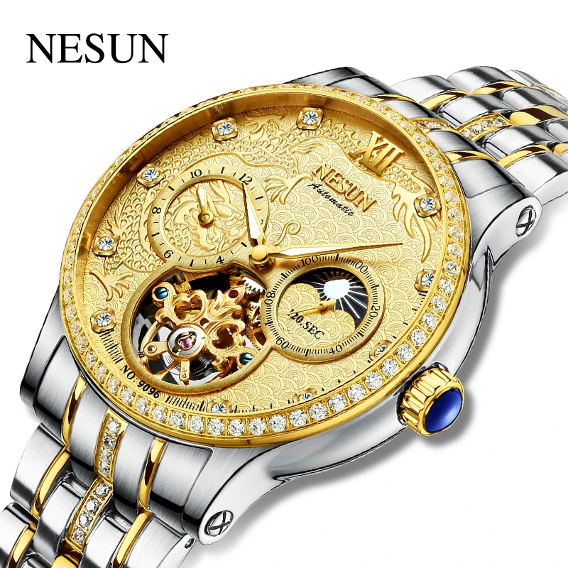 

Switzerland Luxury Brand Nesun Official Men Skeleton Automatic Casual Wristwatch 100M Waterproof Mechanical Rhinstone New 9096