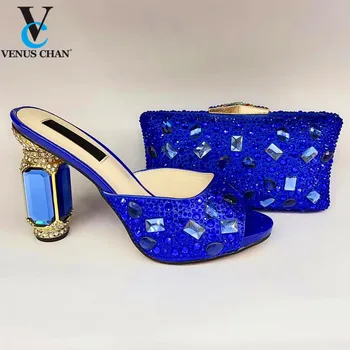 

Blue Italian Women Shoes and Bag Set African Lady Shoes Matching Bag Elegant Style with Shinning Crystal For Party