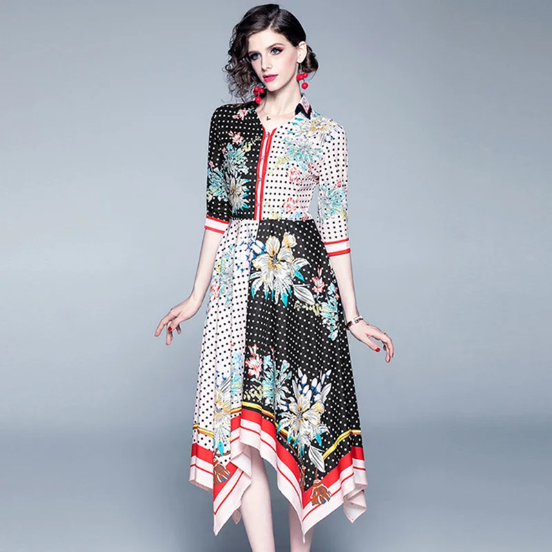 2019 длинное платье с принтом в стиле пэчворк горошек цветочным рукавом