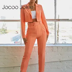 Jocoo Jolee женские модные комплекты из двух предметов брюки и укороченный пиджак 2019 весна осень короткие пальто с брюки с поясом комплекты