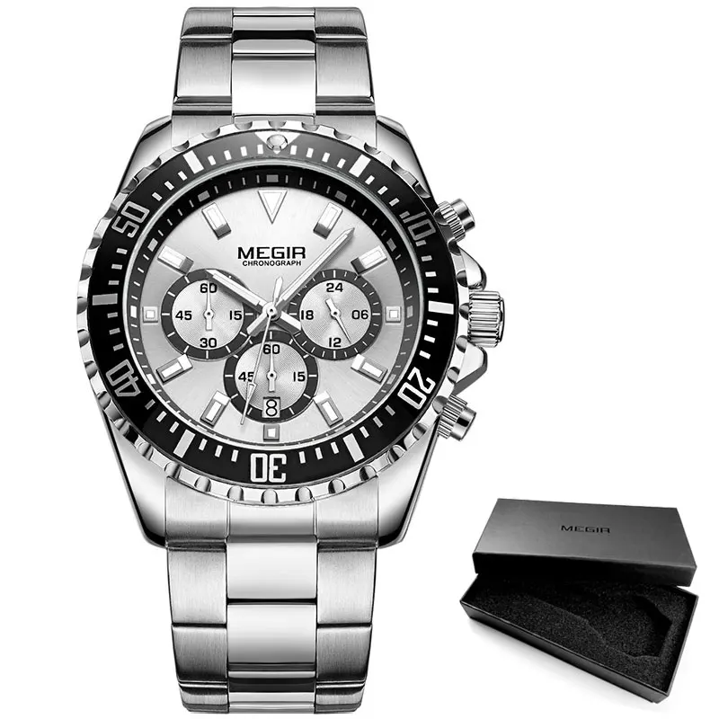 Мужские деловые кварцевые часы MEGIR из нержавеющей стали, аналоговые наручные часы с хронографом и 24 часами, светящиеся мужские часы 2064G-BK-1 - Цвет: MS2064G-White