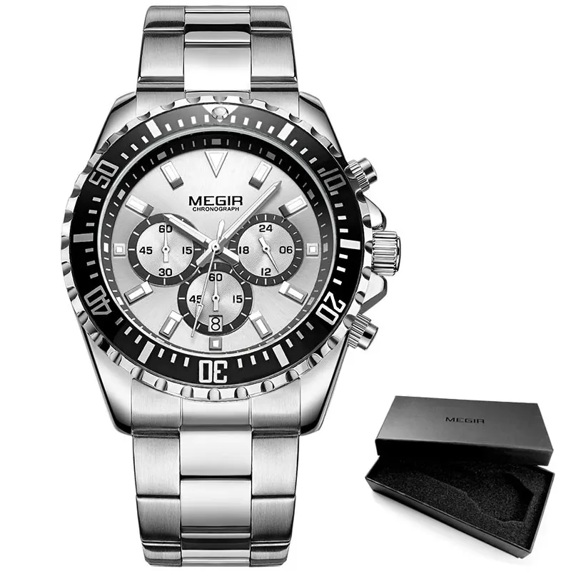 MS2064G-White Мужские деловые кварцевые часы MEGIR из нержавеющей стали, аналоговые наручные часы с хронографом и 24 часами, светящиеся мужские часы 2064G-BK-1 - Цвет: MS2064G-White