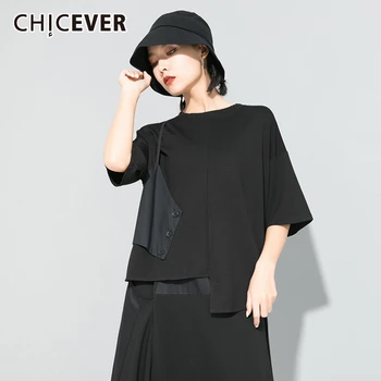 

CHICEVER Korean Irregular T-shirt For Women O Neck Half Sleeve Oversize Loose Patchwork Casual Shirt 2020 Summer Fashion Clothes
