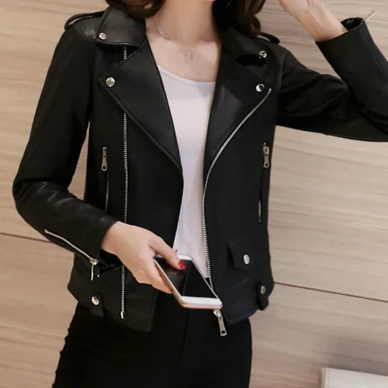 

Women PU Jacket Korean Autumn Simple Black Coat Lapel PU Motorcycle Clothes Faux Leather Slim Biker Crop Jackets Top vrouwen jas