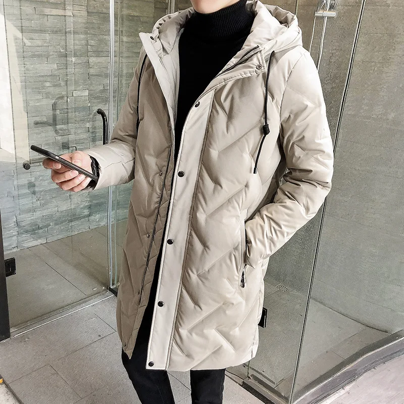 

New Winter Down Jacket Men's Zipper and Hat Casual Medium-and-Long Coat Men