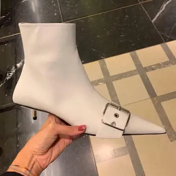 

Pointed Toe Leather Ankle Boots For Women Buckle Autumn Winter Boots Women Middle Heels Botas Mujer Invierno 2020 Bottes Femme