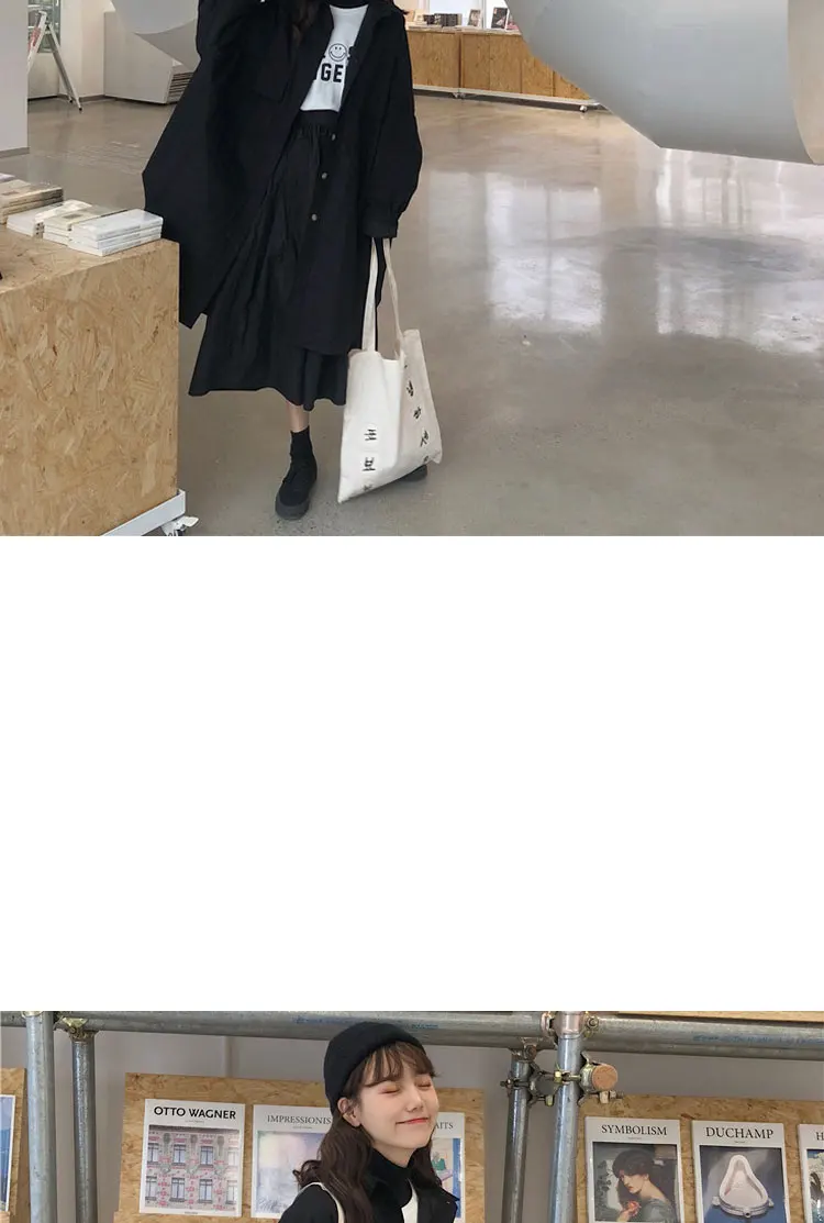 Korean-style Spring Retro Loose-Fit Mid-length Fold-down Collar Single Breasted Pocket Warm Padded Workwear Trench Coat Cotton C