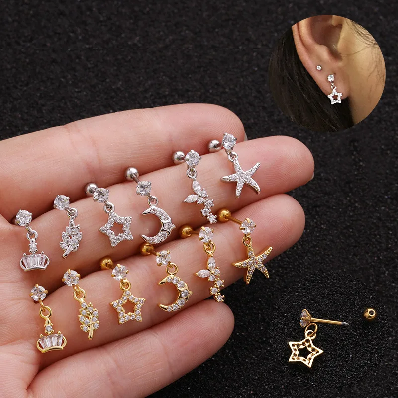 

1pc Cz Stainless Steel Star Moon Stud Piercing Earrings for Women Small Dangles Cartilage Earrings Gold Silver Flower Jewelry