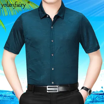 

New Summer Men Shirt Short Sleeve Real Silk Shirt Mens Dress Shirts Gentlemen Plus Size Casual Camisa Masculina 95605 KJ1962
