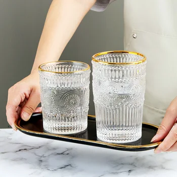

260-380ml Vintage Embossed Wine Glass Ins Nordic Whiskey Vodka Cup Sun Flower Stemless Golden Mouth Ice Coffee Bar Drinking Set