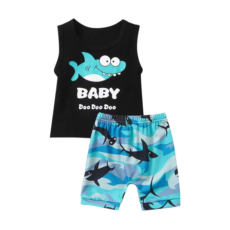Детский топ без рукавов с рисунком акулы+ шорты, комплект одежды для маленьких мальчиков, распашонка с надписью «Акула»+ шорты, 40A1