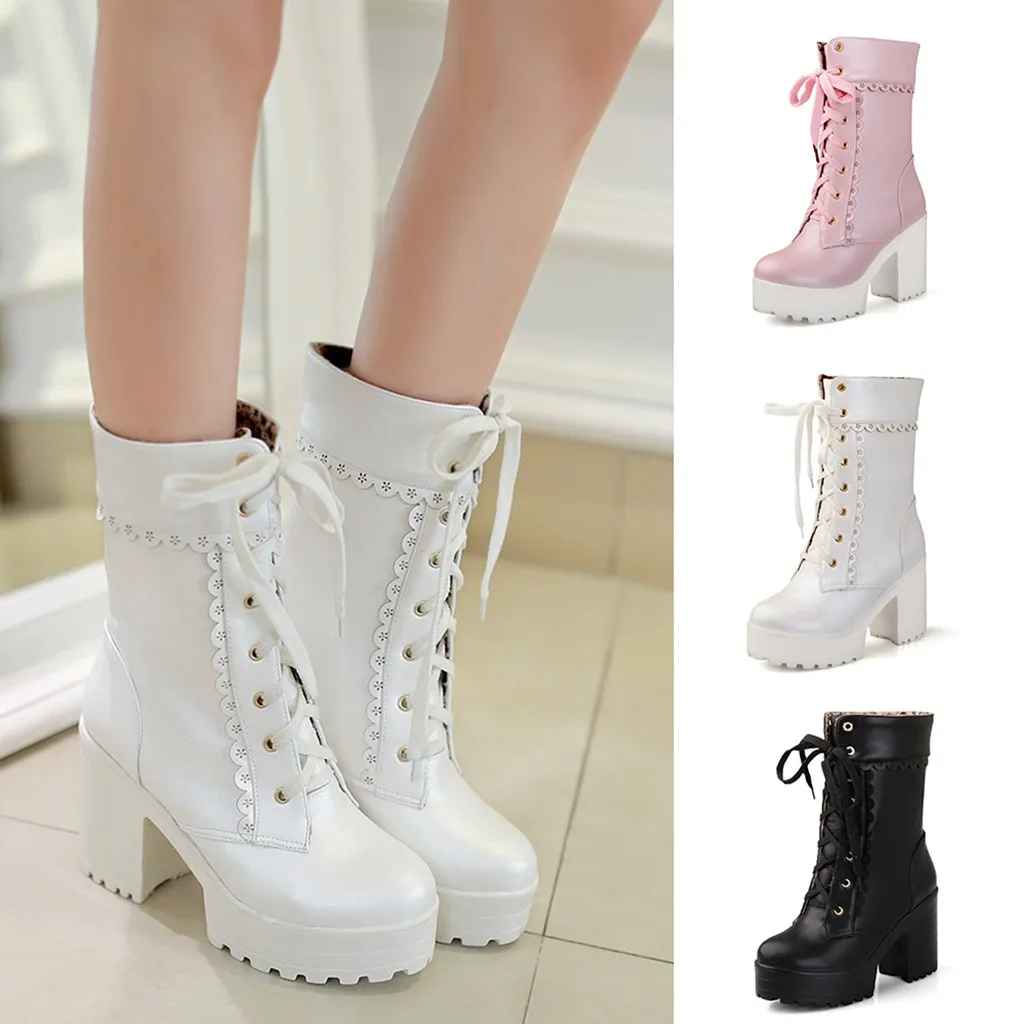 Women's Lace Tie High Heel Shoes Sweet Lady Platform High Heel Boots bottes femme#y3