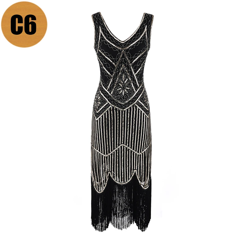 Womens 1920s Great Gatsby Vintage Sleeveless Dress Sequin Embellished Full Fringed Flapper Dress 20s Retro Tassel Dress Vestidos - Цвет: C6