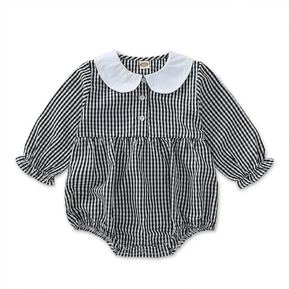 Малыш новорожденный младенец одежда для маленьких девочек черно-белый клетчатый комбинезон Питер Пэн воротник с длинным рукавом боди осенняя одежда D35