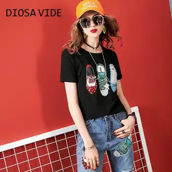 

Europe Trunks Suit Woman Summer 2019 New Pattern Nail Pearl Paillette Shoes Short Sleeve T Pity + Holes Seven Part Jeans